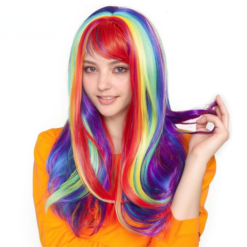 European and American Cross-Border Women's Best-Selling Harajuku Style Rainbow-Colored Long Glossy Anime Halloween Party Straight Hair Wig Headgear