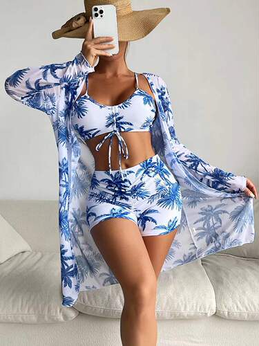 Mingyi Multicolor European and American Net Cover Top Fashion Sexy Knee-Length Pants Set for Women Three-Piece Swimsuit