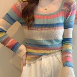 方领条纹t恤长袖打底衫女秋冬季大码胖mm显瘦内搭高级感紧身上衣