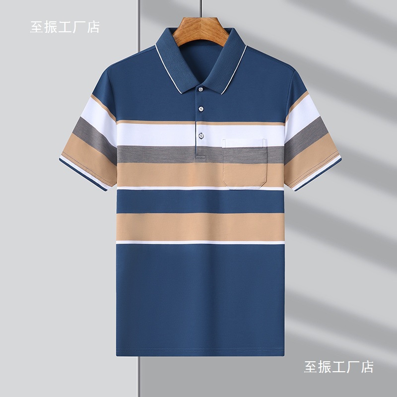 爸爸夏季男士口袋棉质短袖中老年恤新款宽松翻领衫上衣男装批发