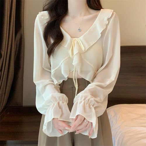Lace tie sweet spicy design breathable sundress style open jacket women apricot color thin cover-up versatile small top