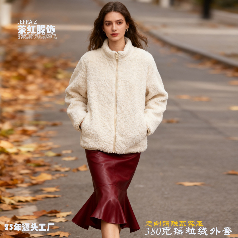 拉链无帽摇粒绒女秋装上衣外套 复古风秋冬新款上衣女装出游穿搭