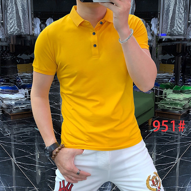 Summer Men's Short-Sleeve Polo Shirt with Rhinestone Lettering, Men's Turn-Down Collar, European Style, Bright Color, Slim Fit