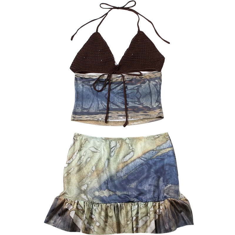 Summer Women's Sexy Backless Tube Top High Waist Skirt Suit Small Printed Female Clothing Set_ecoleips.com