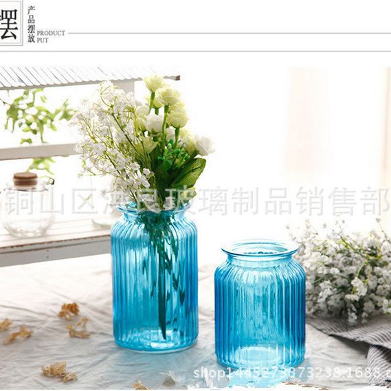 厂家供应竖条玻璃花瓶欧式复古蓝色透明玻璃花瓶家居装饰花器