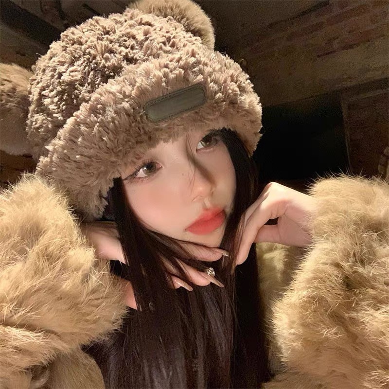 可爱小熊毛线帽女秋冬季韩版显脸小保暖针织帽大头围护耳毛绒帽子|undefined