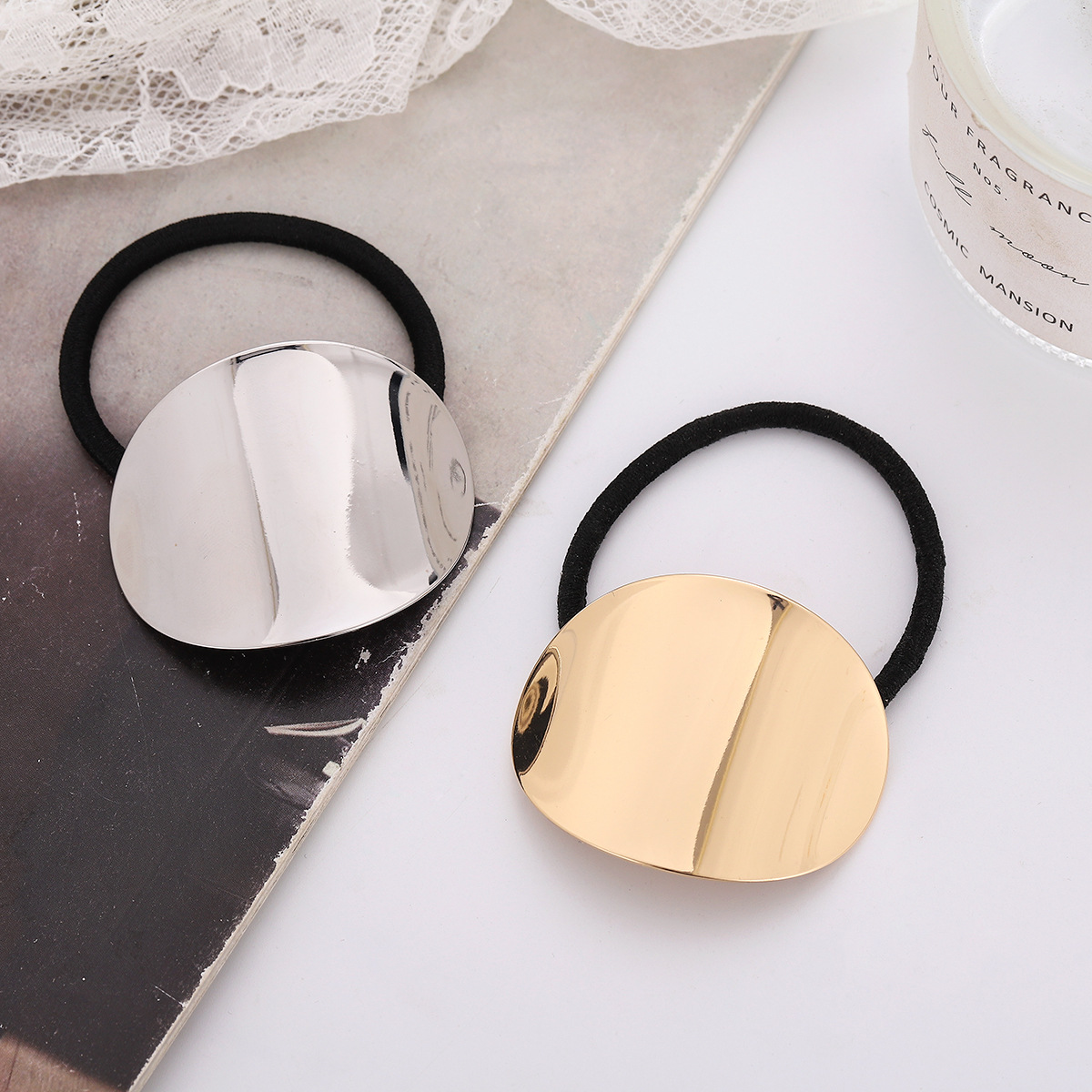 Corea del Sur simple ovalada brillante metal cepillado cuerda de pelo de las mujeres de alta banda de Pelo elástico lazo de pelo banda de goma cuerda de cabeza