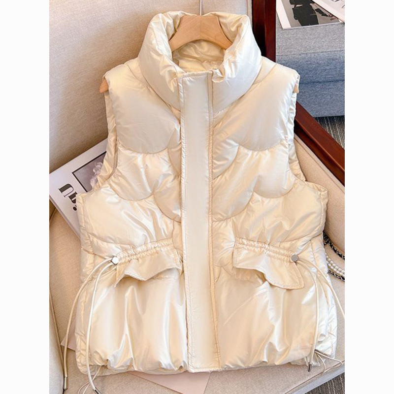 2025 Korean version of free washing shiny down cotton vest for women casual loose standing collar horse clip autumn and winter outer wear vest vest