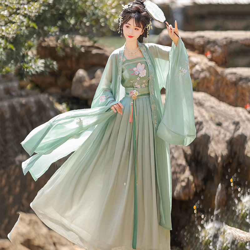 Green Butterfly Original Hanfu Female Fairy Style Elegant Antique Chinese Style Double-Layer Large Sleeve Shirt Waist-length Full suit Ancient Dress Spring and Autumn