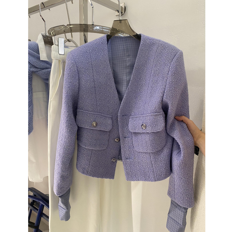Purple Tweed Jacket with a Chanel-Inspired Style, Spring 2026 High-End Socialite Fashion, French Design Short Top