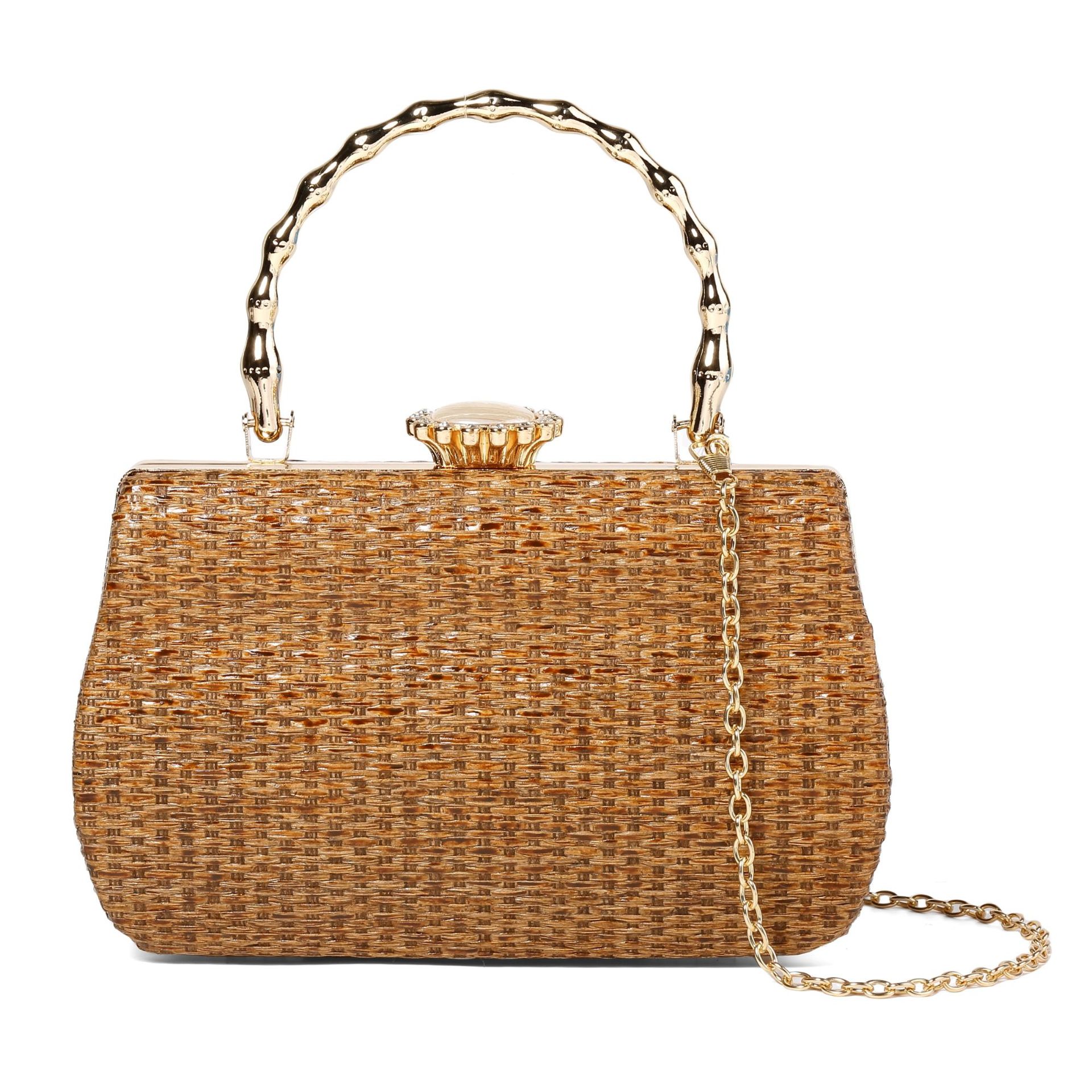 322g Weight Lock clasp Closure Type Ring Handle, Chain Strap Type Evening Bag, Box bag Bags Type Casual Occasion Straw Material Solid Color Pattern All Seasons Season Women's Gender Elegant Style Square Shape Women's Straw Solid Color Elegant Square Lock Clasp Evening Bag Box Bag 3