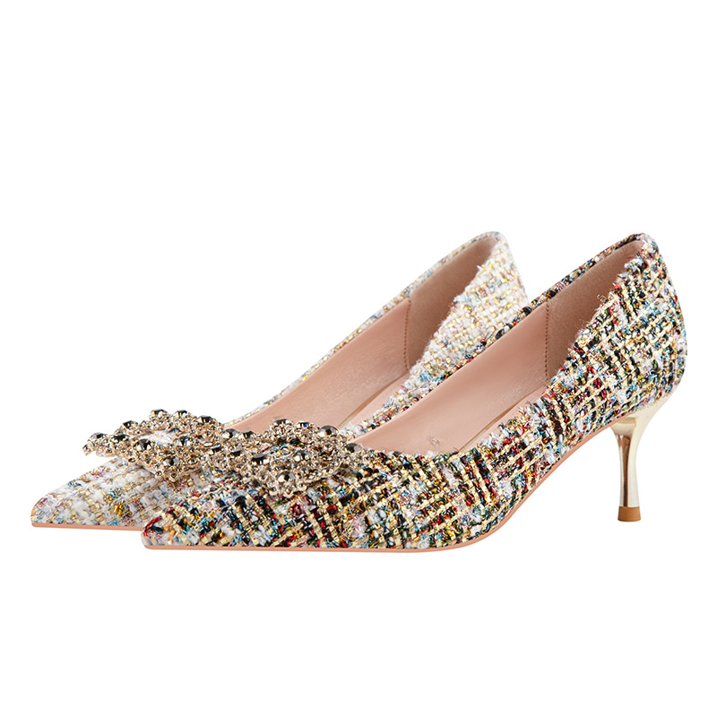 Fashion sexy slim high heels slim heels High heels shallow-cut pointe sparkling rhinester buckle women's single shoes_voghion.com