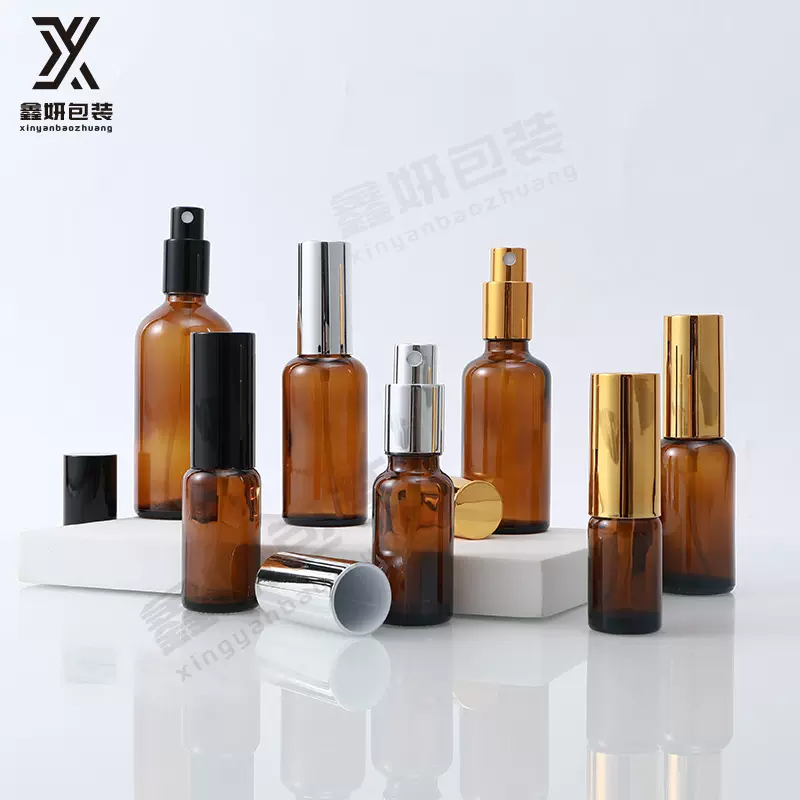 现货5-100ml棕色精油瓶按压电化铝喷雾精油瓶分装瓶玻璃空瓶纯露
