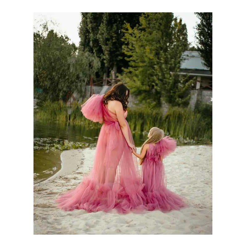 European and American Foreign trade hot sale plus size mesh maternity parent-child dress high waist one shoulder pile pleated studio outside shooting dress