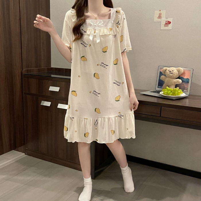 2024 pijama de mujer pijama de algodón de verano de manga corta encaje largo fresco ropa de hogar de estudiantes al por mayor