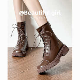 HH-7马丁靴女2024秋冬新款厚底粗跟英伦复古圆头系带加绒中筒靴子