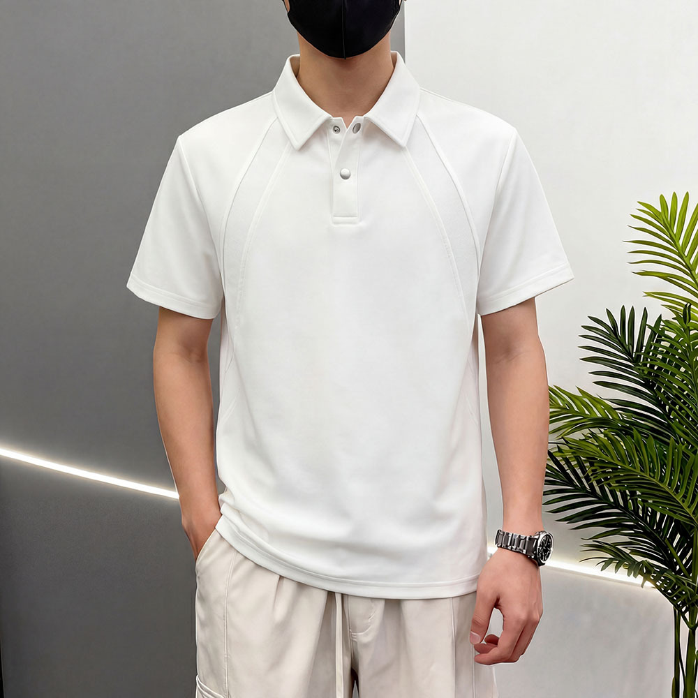 New Fashion Short-Sleeve T-Shirt, 230g Mercerized Double-Sided Fabric, Trendy Brand Ribbed Patchwork Turn-Down Collar Structure T-Shirt