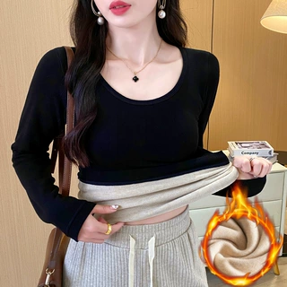 保暖上衣女秋冬季加绒加厚长袖圆领带胸垫秋衣内搭打底衫外穿上衣