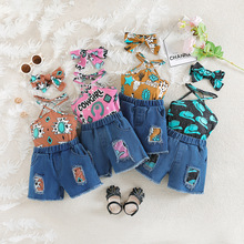 SAMGAMIBABY欧美跨境童装夏季新款印花吊带破洞牛仔短裤女童套装