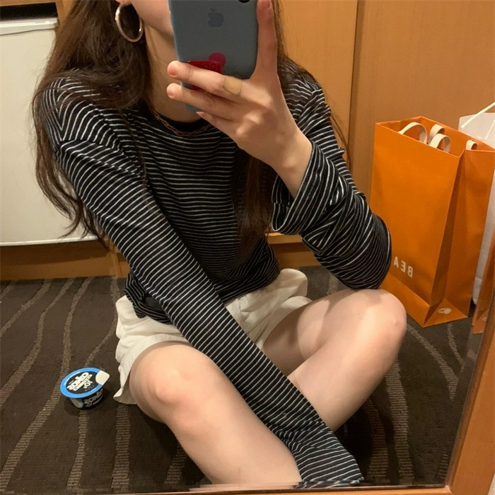 现货 2025秋季新款韩国东大门修身显瘦圆领条纹长袖T恤内搭上衣女