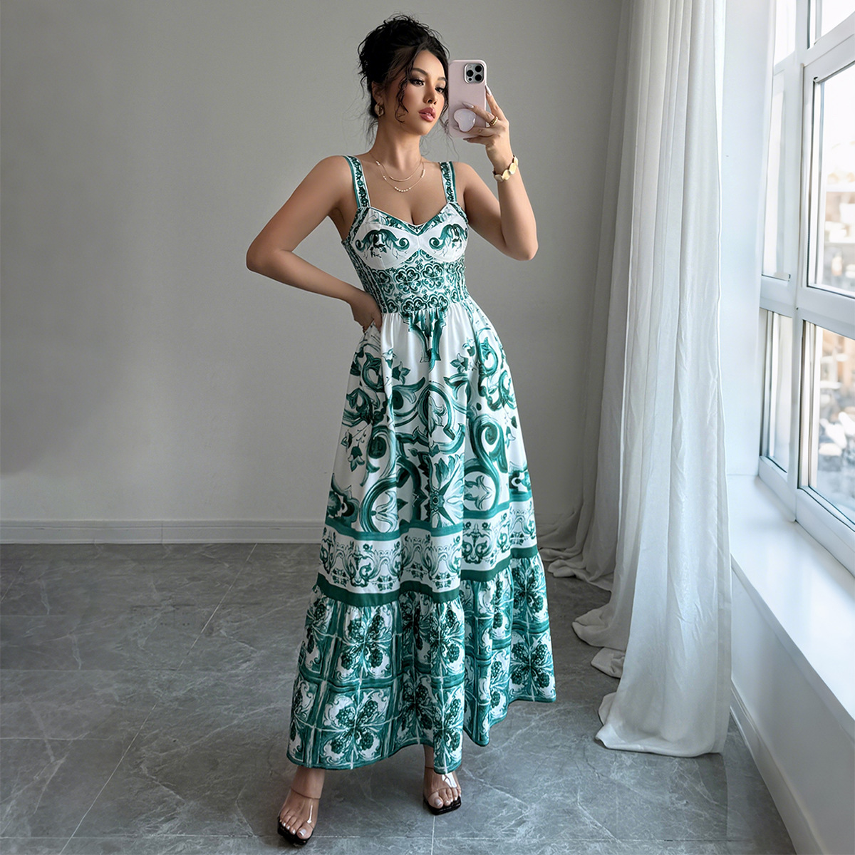 "Minimalist Cross-Back Strappy Dress For Women Style Casual Long Dress, Flowy Printed Design, Breathable Polyester, Green, S-XL"_ecoleips.com