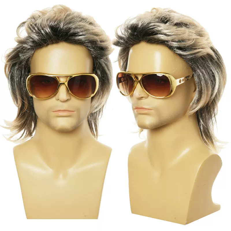 亚马逊万圣节80s朋克重金属桔色长直发迪斯科COS装扮欧美男士假发