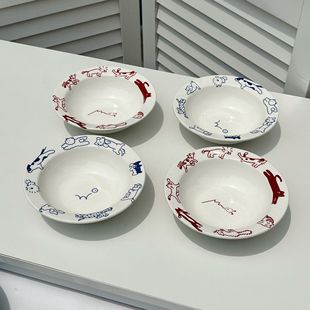 Ins Style Graffiti Cat and Dog Ceramic Cat Bowl and Dog Bowl Neck Protection Anti-Knock over Pet Bowl Cat Canned Bowl Can Be Equipped with a Stand