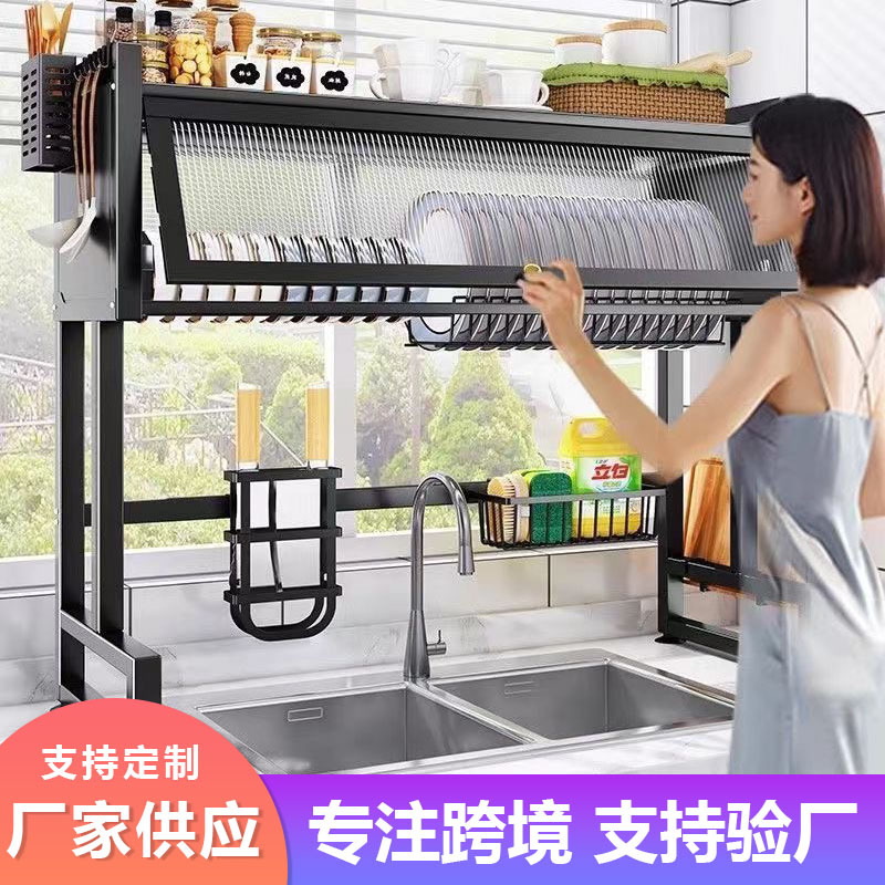 Fregadero de cocina personalizado, estante de almacenamiento, fregadero, fregadero, armario a prueba de polvo, encimera, almacenamiento de vajilla, estante de drenaje