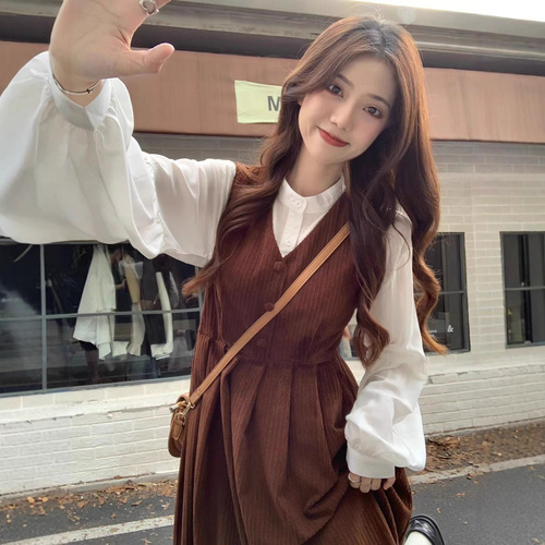 Corduroy Autumn Wear Sweet Mori-Style Mid-Length Waist-Slimming A-Line Dress with V-Neck and Suspenders Women's Suit Dress