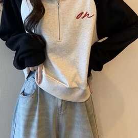 美式拉链短款领卫衣女秋装新款小个子宽松长袖上衣潮外穿