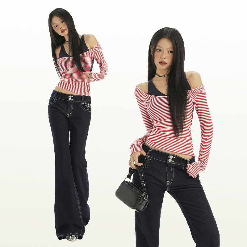 Orange Silk Women's Clothing # Dark Blue Raw Cow Color Bootcut Jeans American Retro Stretch Slim Fit Stretch Low Waist Flared Pants