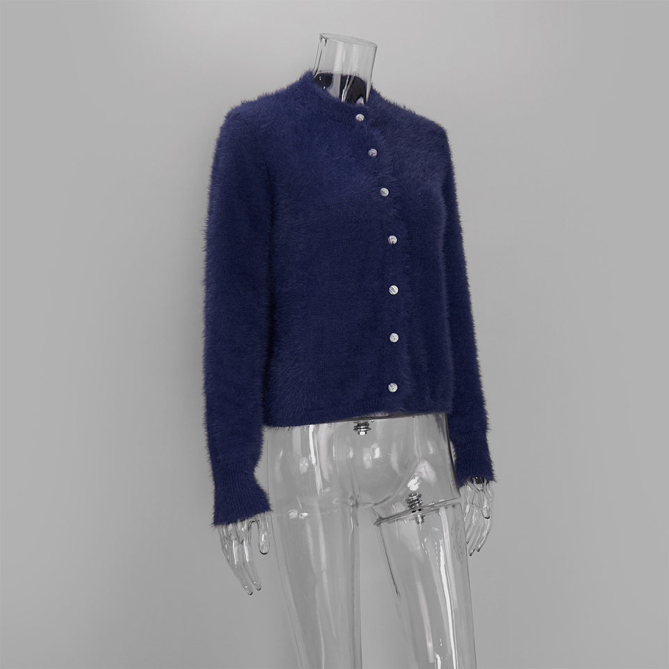 Áo khoác cardigan len nữ dáng ôm cổ tròn tay dài một hàng cúc chất liệu lông mềm mại — Màu hồng, Màu trắng, Màu xám nhạt, Xanh đậm chi tiết 44