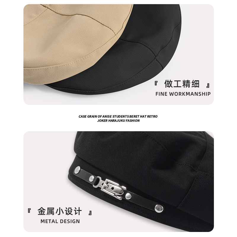 Botón de metal boina negra mujer primavera y otoño cara pequeña sombrero octogonal sombrero invierno retró retró retrospectiva pintor sombrero