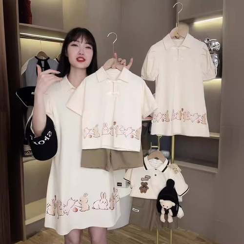 Different Chinese-style parent-child clothing 2024 summer a family of three whole set with little rabbit Polo shirts for mother and daughter dress