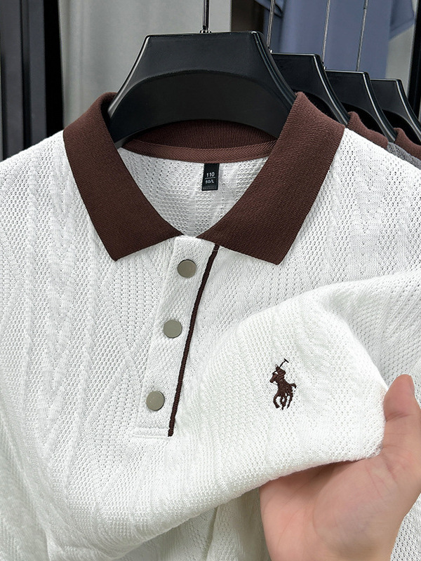 夏の新型ファッション襟付き男性ニット半袖poloシャツゆるいカジュアルジャカードtシャツ中年半袖上着|undefined