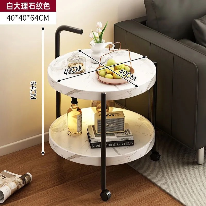 바퀴가 달린 2겹 원형 대리석 흰색 40*40*64