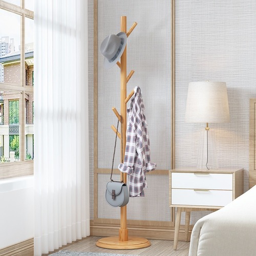 Solid wood coat rack, home bedroom floor-standing storage rack, living room hanging clothes rack, single-pole vertical simple bag rack