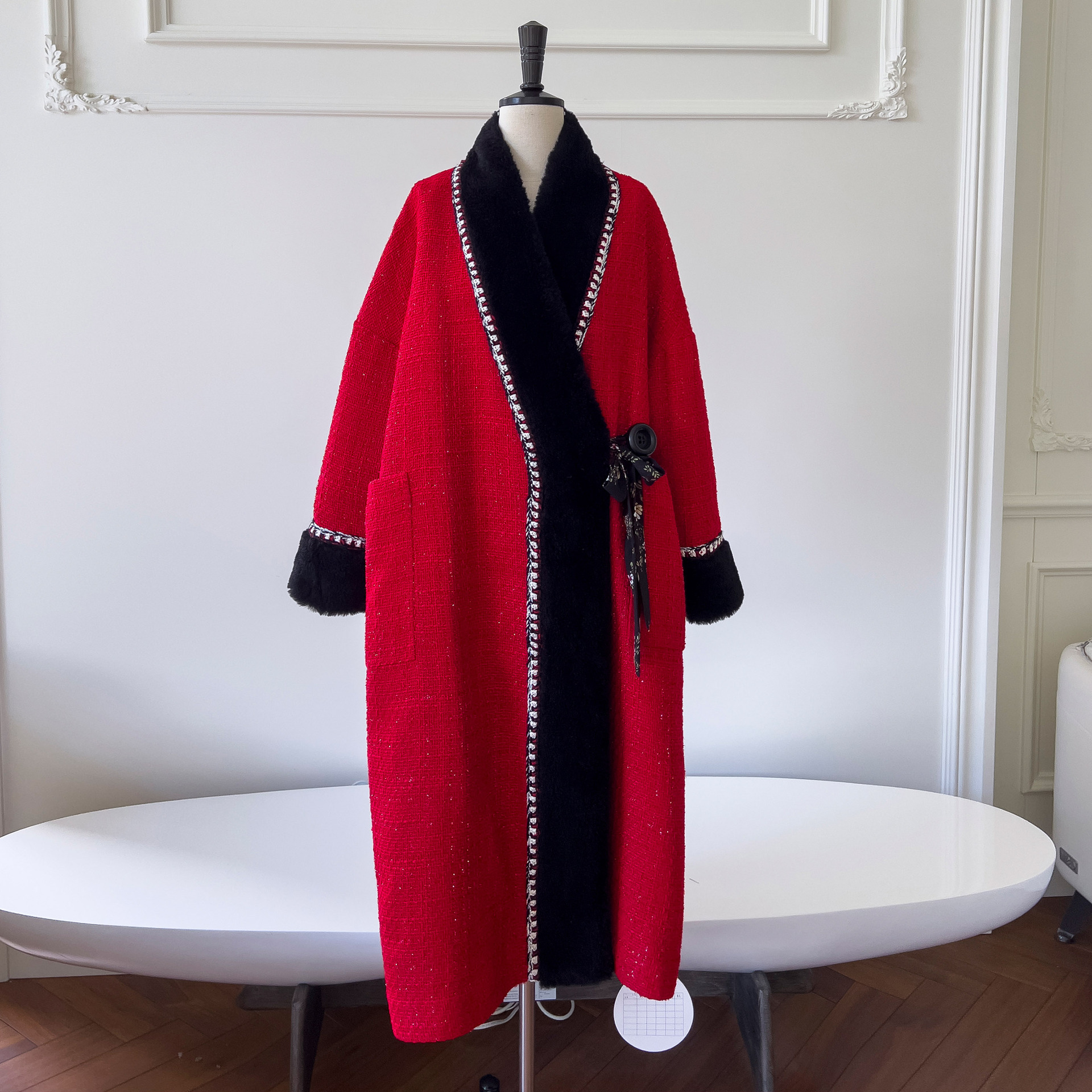 Stuffed Contrasting Color Slanted Collar, Dropped Shoulder Sleeves, Tweed Outwear, Long Fashionable Elegant, Loose Wrap Jacket 91448