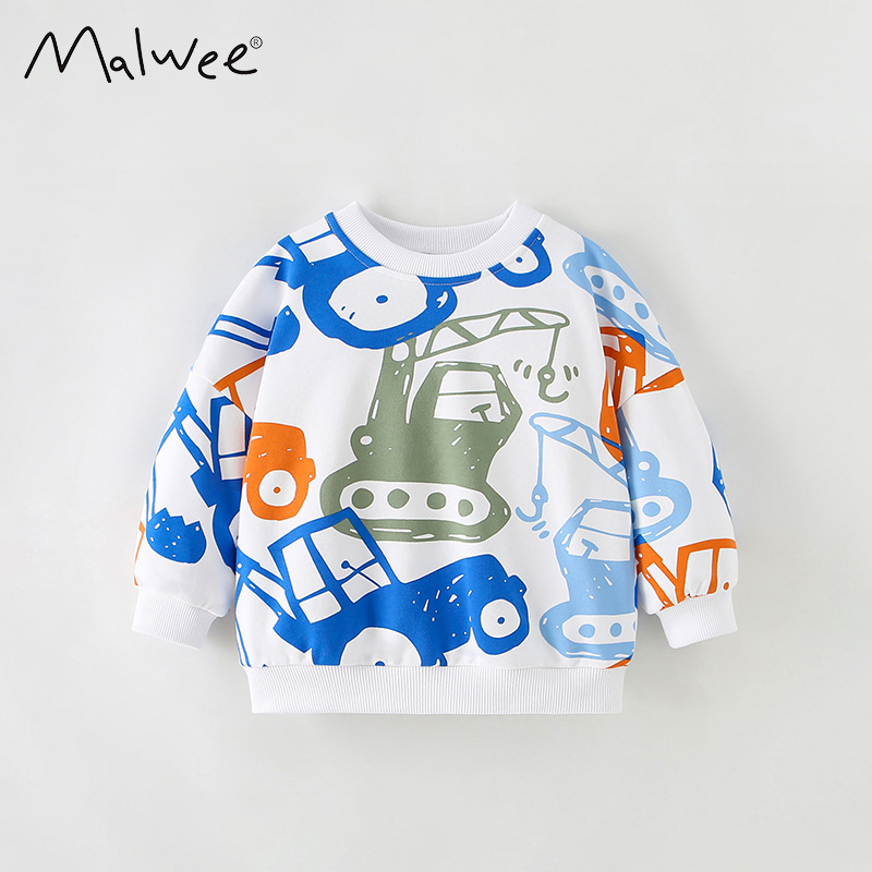 Malwee boys' sweatshirt, new autumn/winter style, round neck, European and American style, casual long-sleeved, stylish printed top for toddlers and preschoolers.