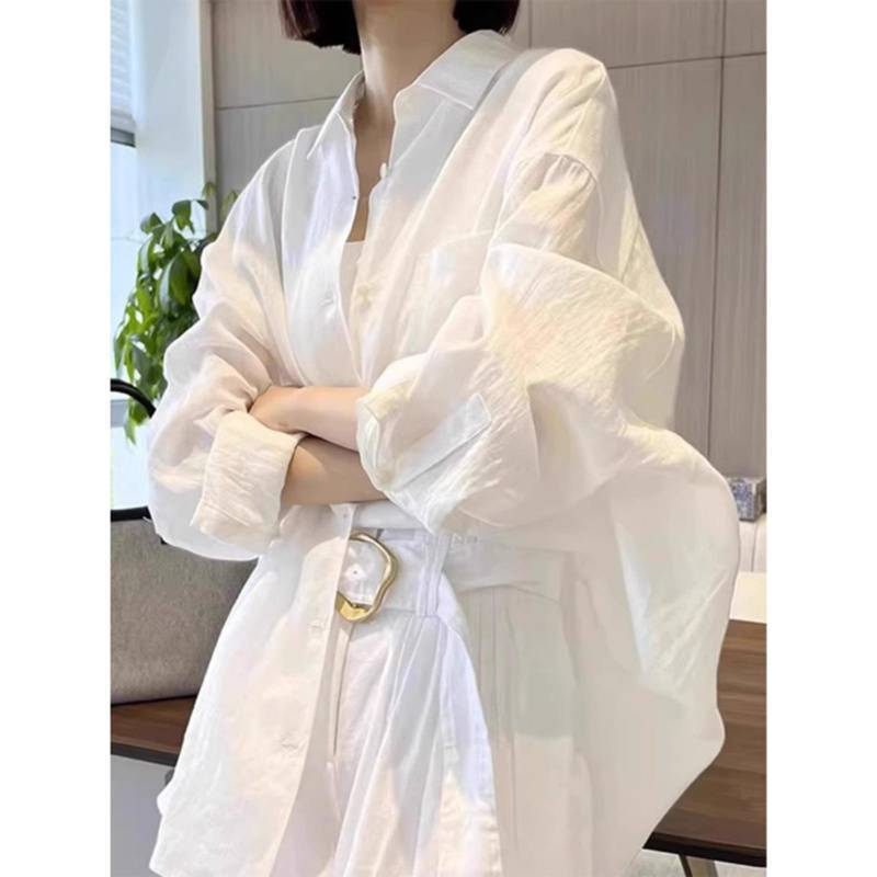 French White Sun Protection Cotton and Linen Long-Sleeved Shirt Jacket for Women Spring and Summer Cardigan with Linen Shirt Top Early Spring