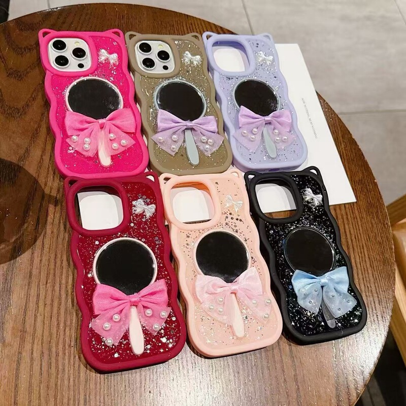 New Model Suitable for iPhone 17, Cartoon Cat Phone Case with Mirror, Bow, Pearl Accessories, and Glitter Resin Craftsmanship