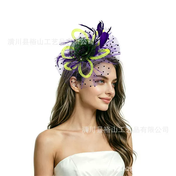 Popular Amazon feather headpiece bridal hair accessory with mesh decoration for horse racing events and banquets, includes hair clips and headbands