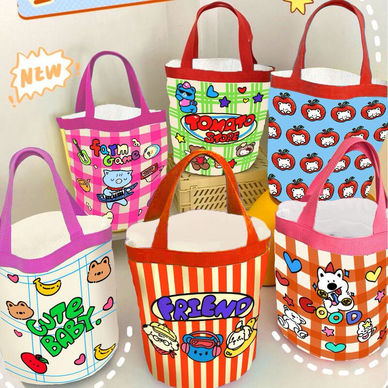 Canvas Bucket Bag with Cute Graffiti and Playful Illustrations, Handheld Round Bucket Bag, Mommy Clutch Bag, Lunch Bag, Small Work Tote Bag Canvas Bucket Bag with Cute Graffiti and Playful Illustrations, Handheld Round Bucket Bag, Mommy Clutch Bag, Lunch Bag, Small Work Tote Bag