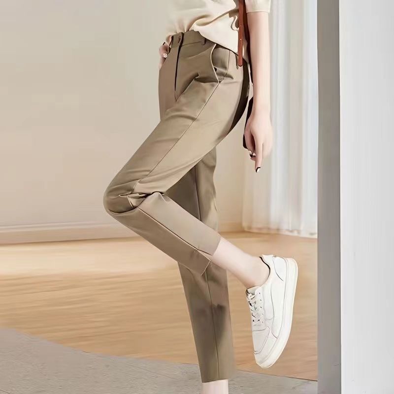 khaki split cropped suit pants women's spring and autumn high waist drape narrow version slim straight pipe casual pants