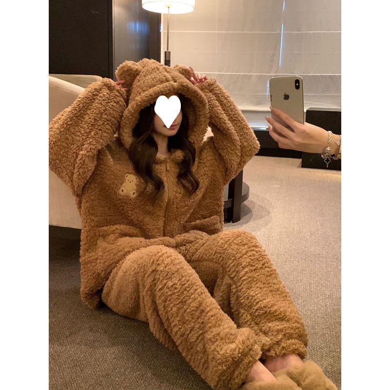 (2개) 귀여운 곰 잠옷 여성 겨울 두꺼운 따뜻한 산호 양털 정장 캐주얼 잠옷 바지 바지 홈 의류 투피스 세트