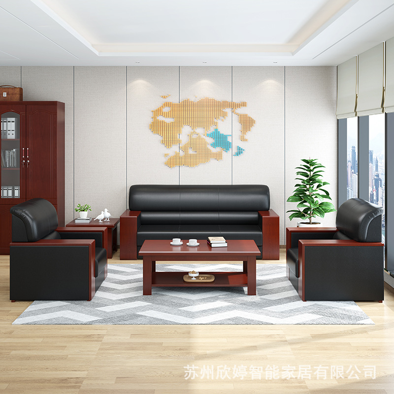 Office sofa, reception room, business-style leather sofa set, modern and minimalist design, solid wood coffee table, three-seater seating for meeting guests