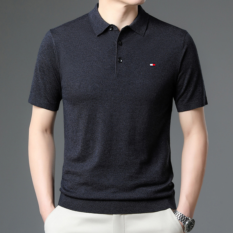 genuine goods Tommy Tommy Wool Sweater Men's Short-sleeved Lapel Autumn and Winter Casual Sweater Half-sleeved Knitted Base Cashmere Sweater