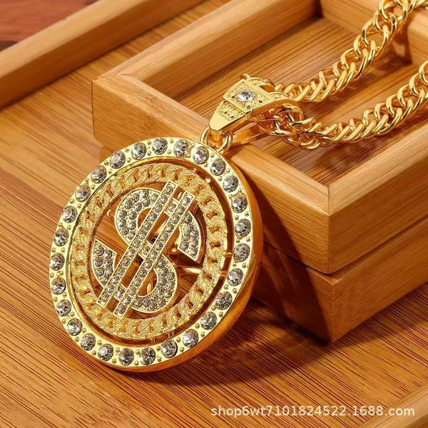 Compass Rotating Dollar Pendant with Diamonds, Cuban Pendant, European and American Trendy Hip-Hop Style, Rotatable Dollar Alloy Necklace