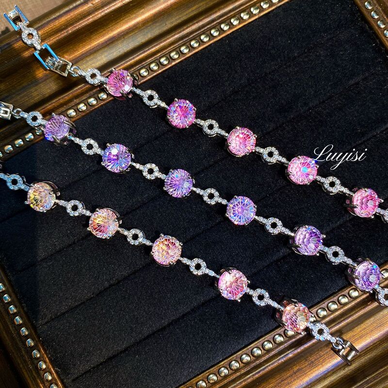 New Trendy Topaz Firework Cut Bubble Bracelet with a Fashionable and Sophisticated Feel, Exquisite Pink Diamond Gemstone Watch Strap Buckle Jewelry