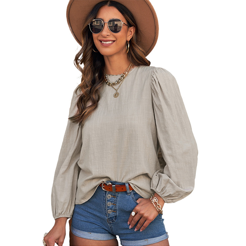 时颖跨境长袖T恤女秋冬欧美新款纯色圆领后领开衩休闲上衣女